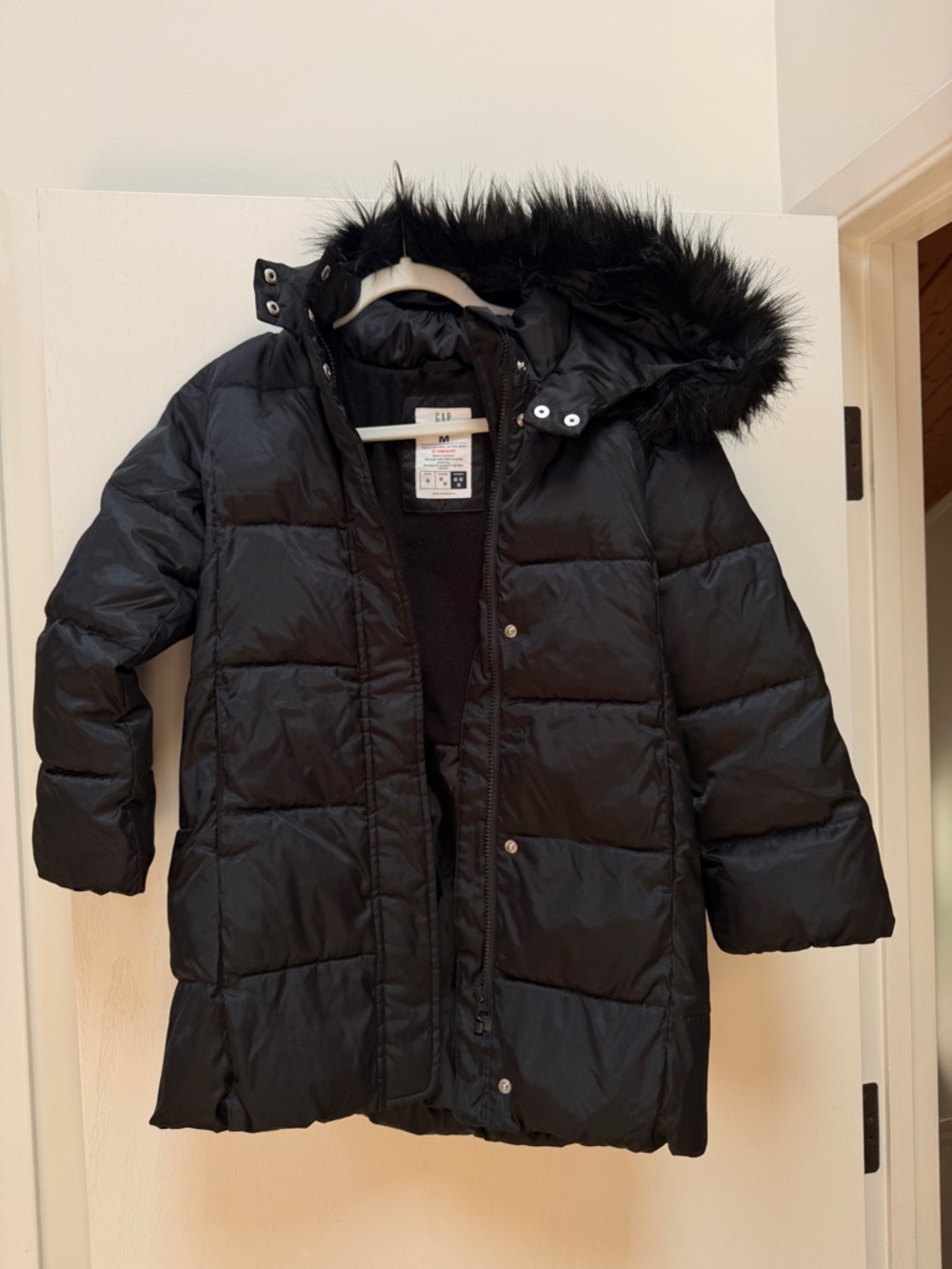 GAP Black Kids Long Puffer Coat with Faux Fur Trim Hood